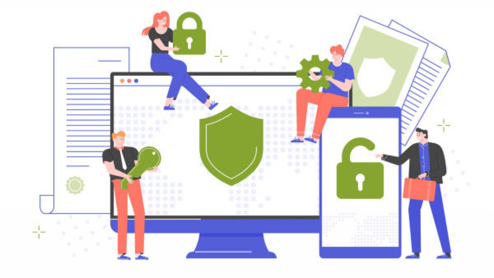 Cybersecurity, secure passwords and site registration. Computer and smartphone protection by antivirus software. People with a lock, key, gear. Devices screens. Vector flat. (Cybersecurity, secure passwords and site registration. Computer and smartph