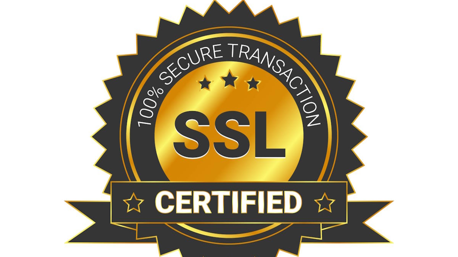 SSL Certified/certificate 100% secure transaction with encryption. illustration ssl certificate, ssl secured, ssl shield symbols, protected safe data. with ribbon, gold style & black color