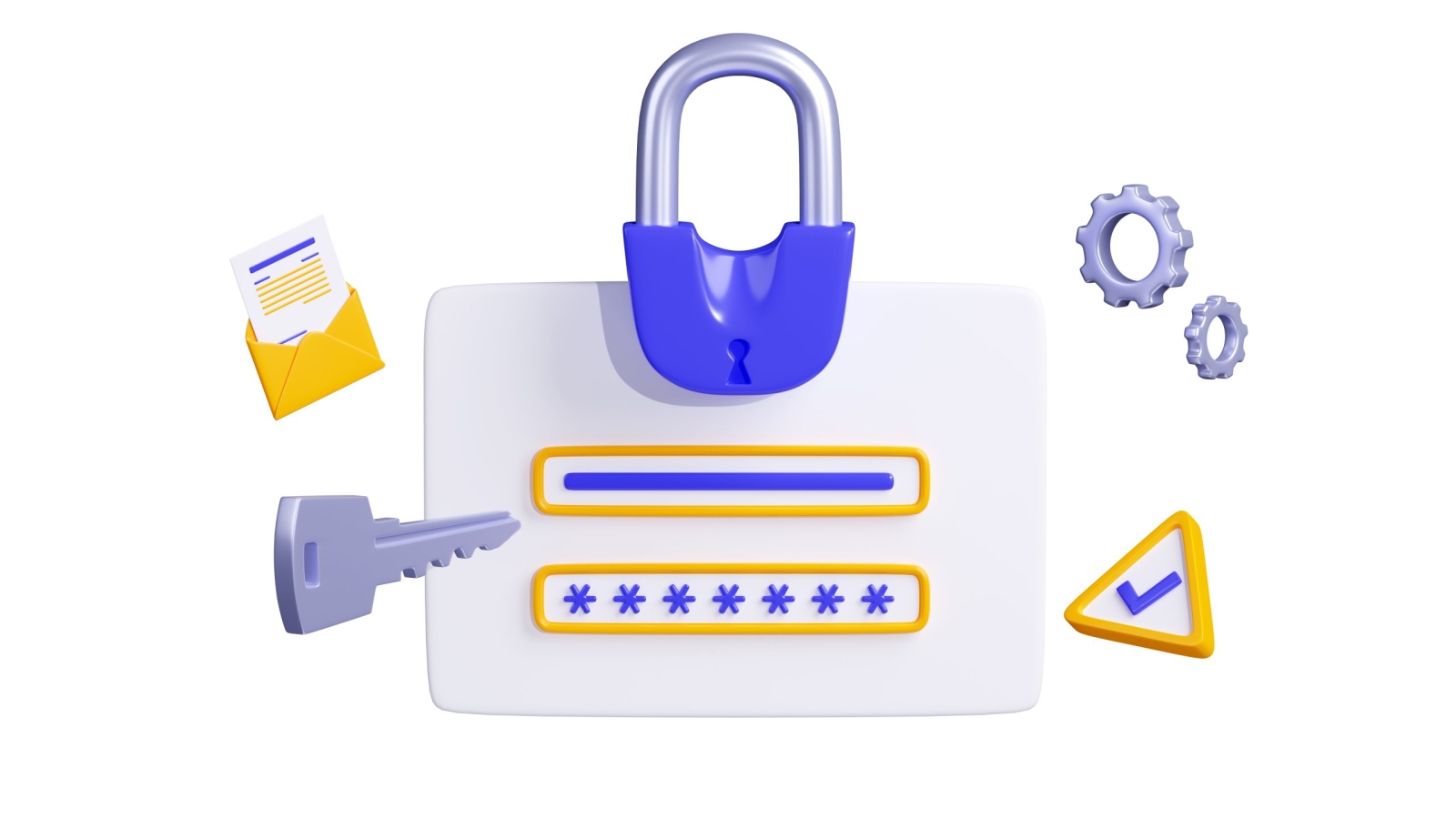 Computer security, privacy, data protection concept with account verification system with login and password, padlock, key and email icon, 3d render illustration isolated on white background